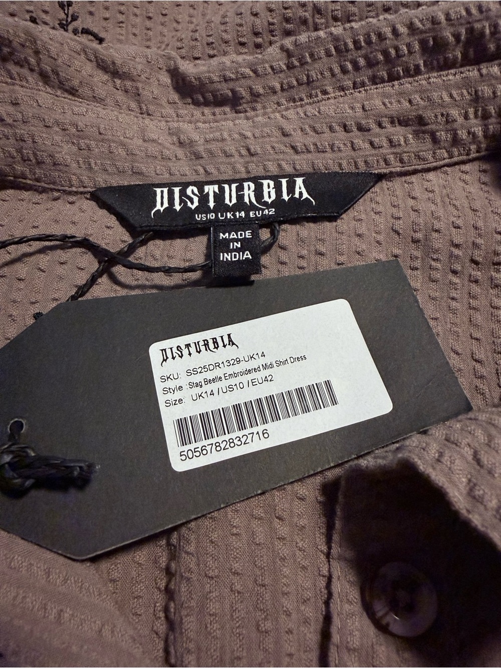 NWT Disturbia Stag Beetle Embroidered Taupe Button Midi Shirt Dress Goth US10 - Picture 8 of 10